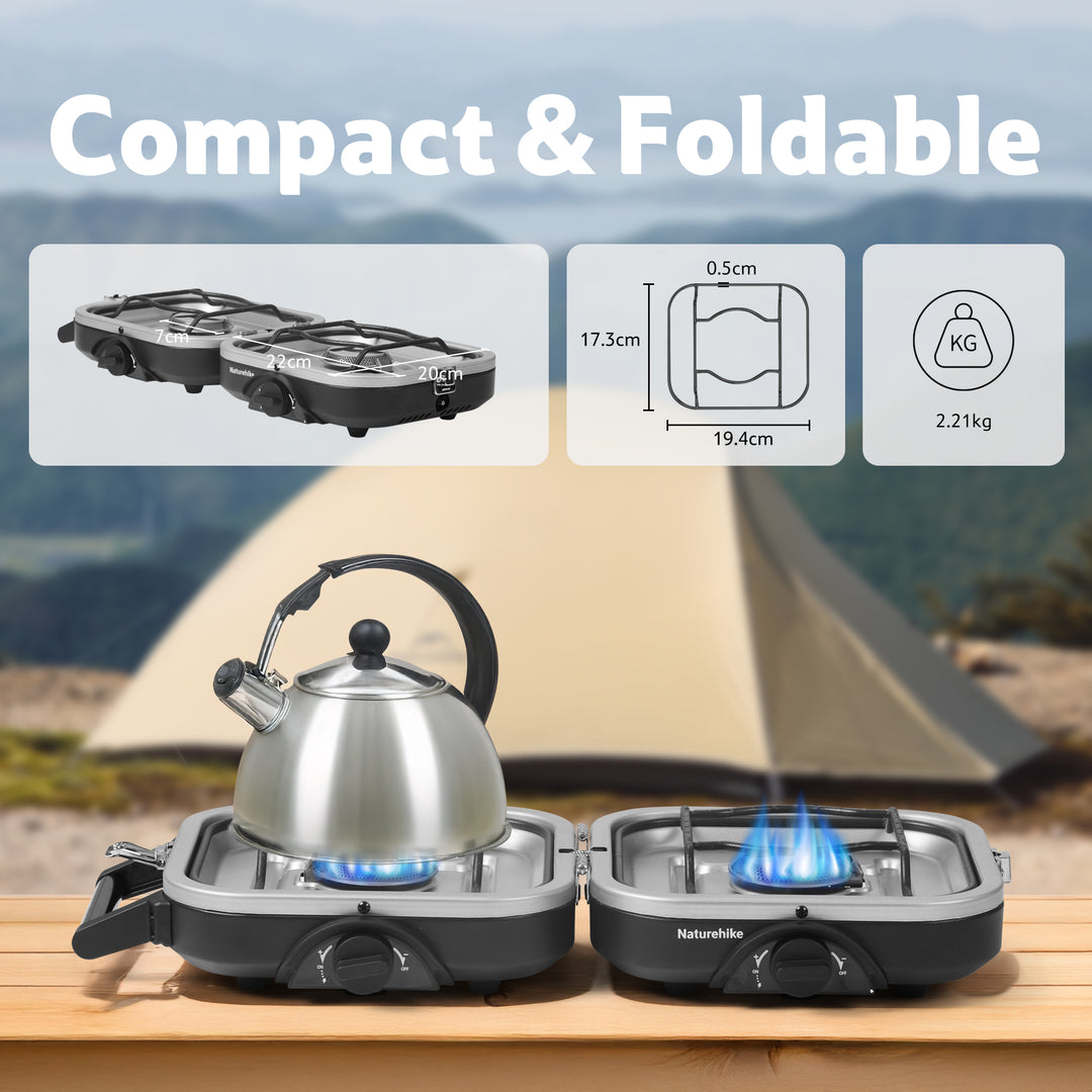 Naturehike Upgraded Folding Gas Stove, 2-Burner Camping Stove, Portable Gas Stove with Dual Burners, Compact & Lightweight Propane Stove for Camping, Picnics, Backpacking (IAPMO GASMARK CERTIFICATED)