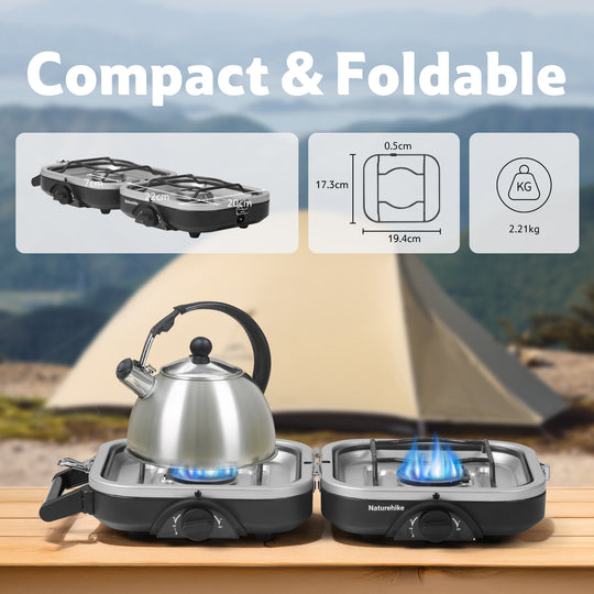 Naturehike Upgraded Folding Gas Stove, 2-Burner Camping Stove, Portable Gas Stove with Dual Burners, Compact & Lightweight Propane Stove for Camping, Picnics, Backpacking (IAPMO GASMARK CERTIFICATED)