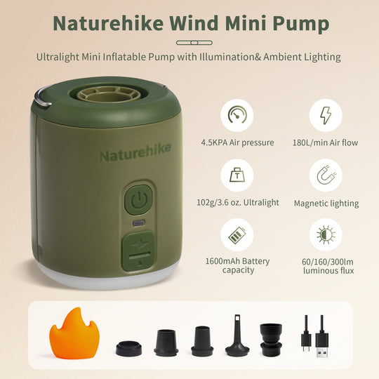 Naturehike Wind Mini Air Pump, Outdoor Multifunctional Tiny Pump (102g) with 1600mAh Battery, Lighting with Flame Lampshade, Efficient and Powerful Pump