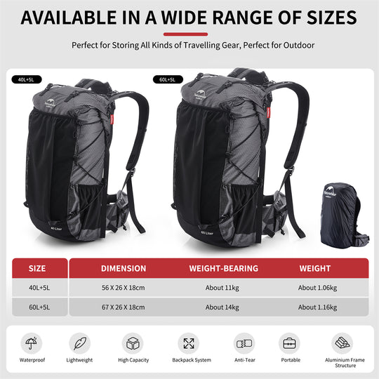 60L+5L Multifunctional Mountain Bag with Rain Cover